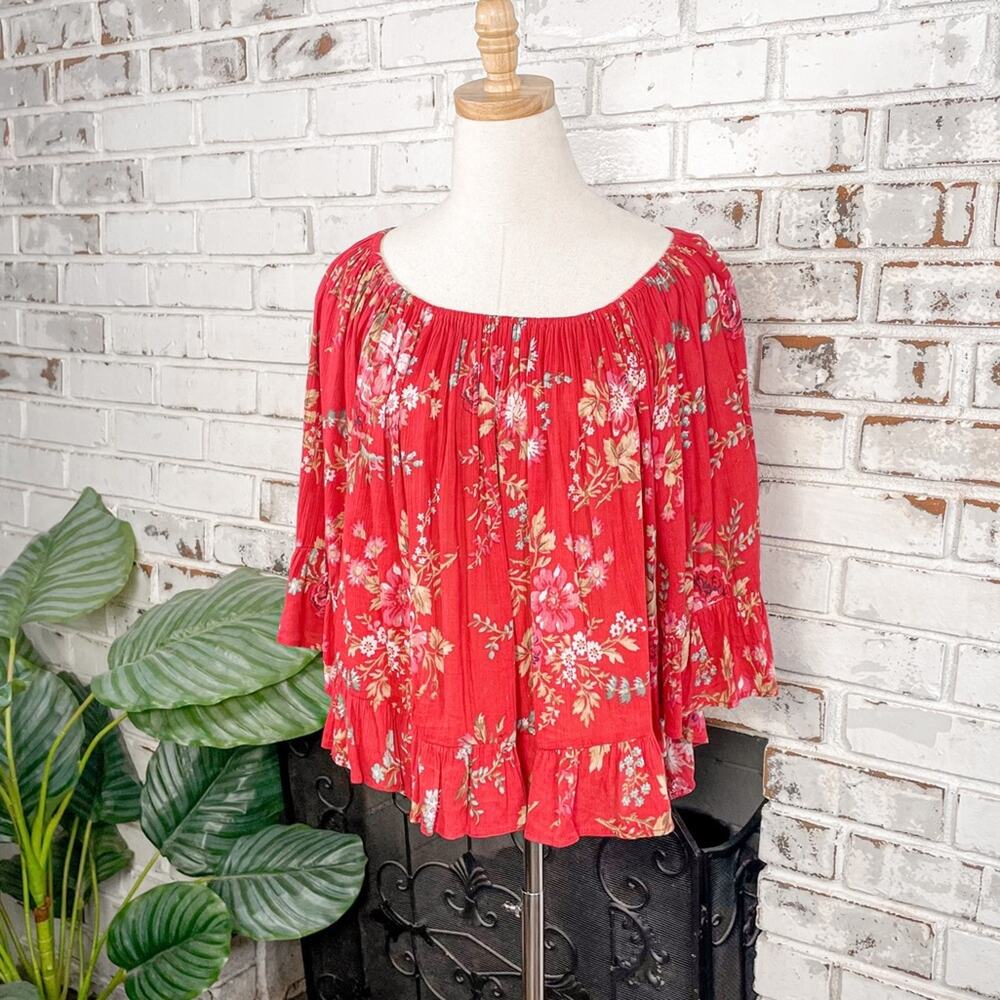 Vintage Denim & Supply Ralph Lauren Red Cotton Floral Flowy 3/4 Sleeve Top L - Picture 3 of 10